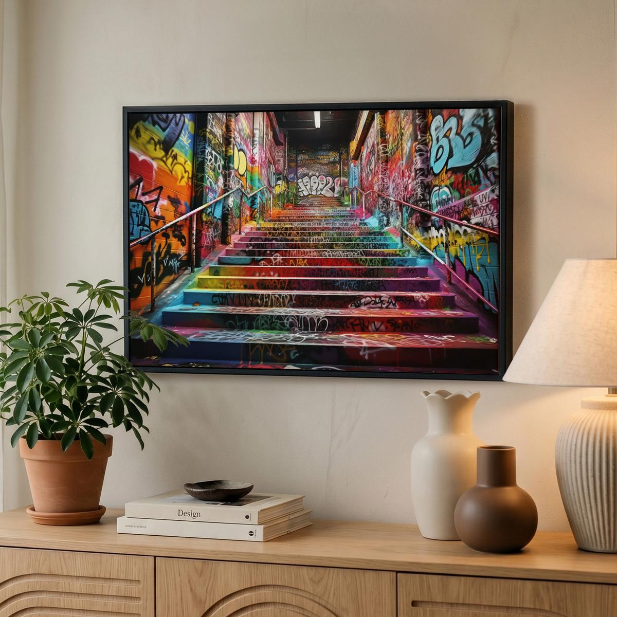 LEINWAND Bilder mit Rahmen - Treppe - Graffiti - Farben - Kunst - 60x40 - Multicolor, Textil (60/40cm) - MuchoWow