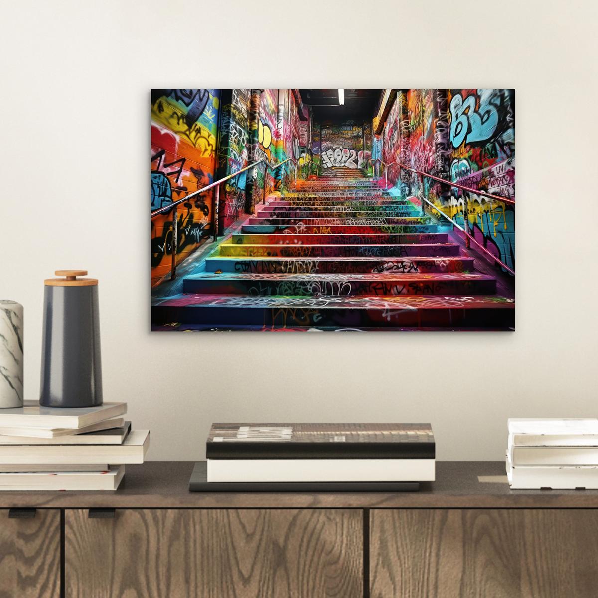 METALLBILD Treppe - Graffiti - Farben - Kunst 30x20 cm - Multicolor, Metall (30/20cm) - MuchoWow