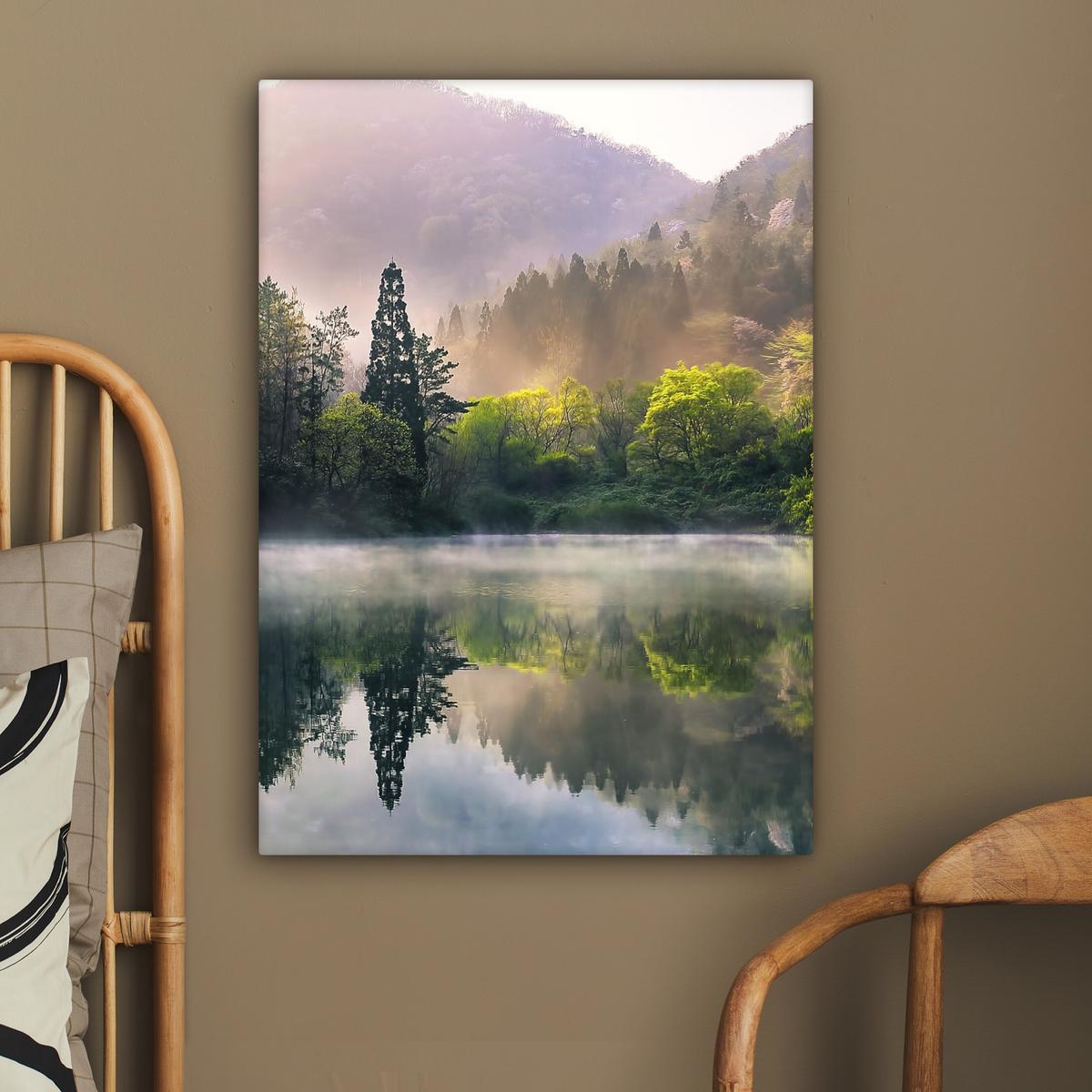 LEINWANDBILD Natur - Bäume - Berge - See - Wasser Wandbild Wohnzimmer 60x80 cm - Hellgrün, Textil (60/80cm) - MuchoWow