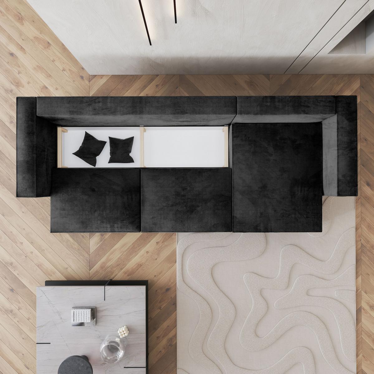 ECKSOFA TOLMO M Schwarz Velours-Stoff mit Schlaffunktion - Schwarz/Grau, Holz/Kunststoff (347/148cm) - MASSENO