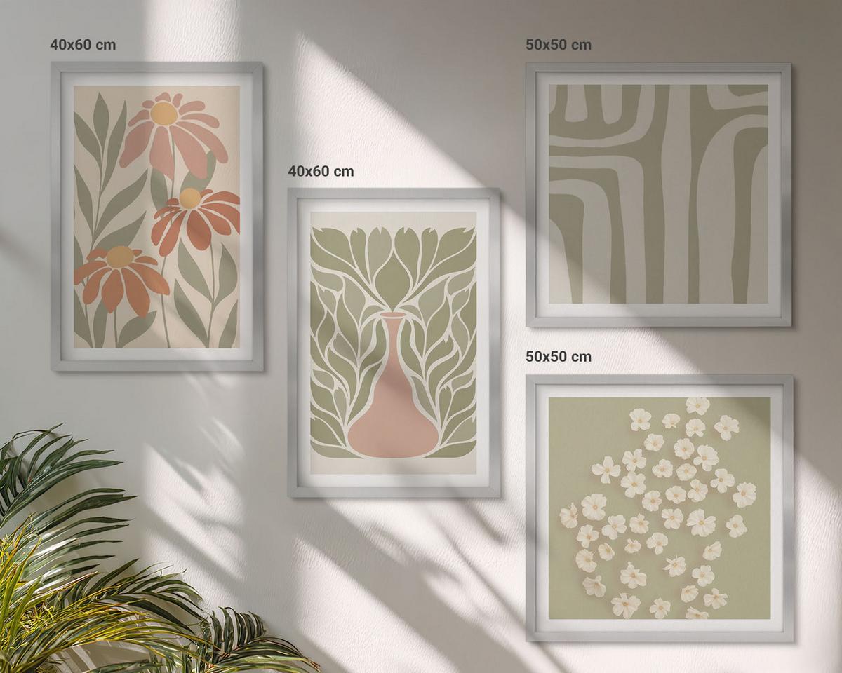 BILDER SET 4er Set - 50x50 cm & 40x60 cm Silberner Rahmen - Floraler minimalistischer Boho-Stil - Silberfarben, Kunststoff (50/50cm) - TULUP