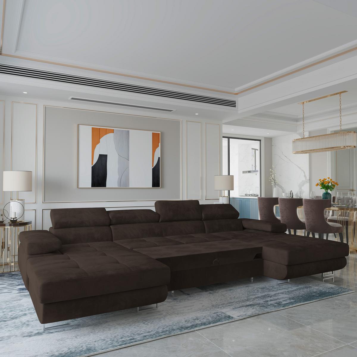 WOHNLANDSCHAFT LYKKE Braun Velours-Stoff mit Schlaffunktion - Braun, Holz (353/90/202cm) - MASSENO
