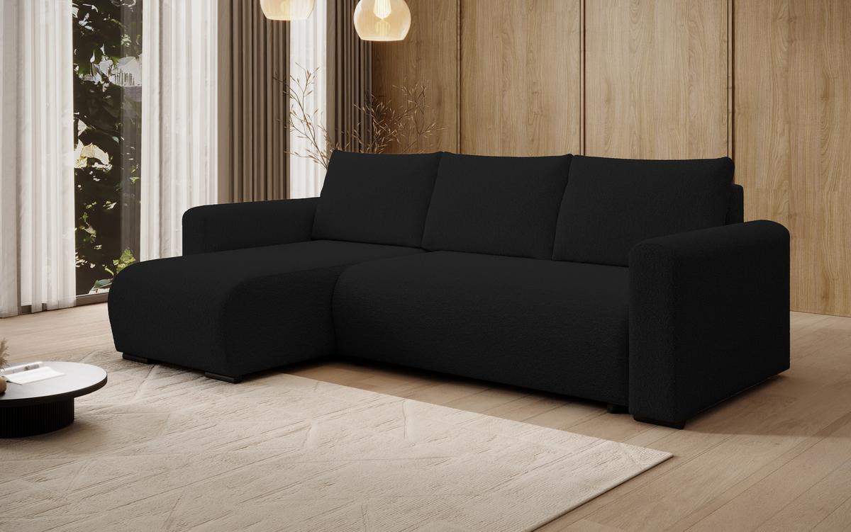 ECKSOFA DORA L, Eckcouch in L-Form mit Schlaffunktion und Bettkasten, Farbe: Schwarz, Bouclé-Stoff, Ottomane Links - Schwarz, Textil (240/143cm) - Storez24