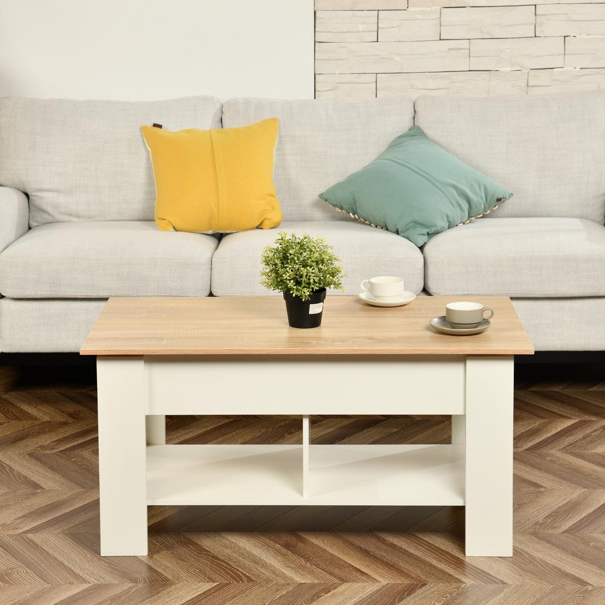 COUCHTISCH mit Lift-Top, Stauraum und Ablagefach, Weiß/Eiche - Goldfarben/Weiß, Holz (96/50/47cm) - Urban Meuble