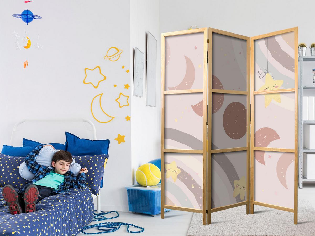 PARAVENT Japanischer 3-tlg 135x172 cm Boho Sterne und Monde - Beige, Holz/Textil (135/172/3cm) - Muralo