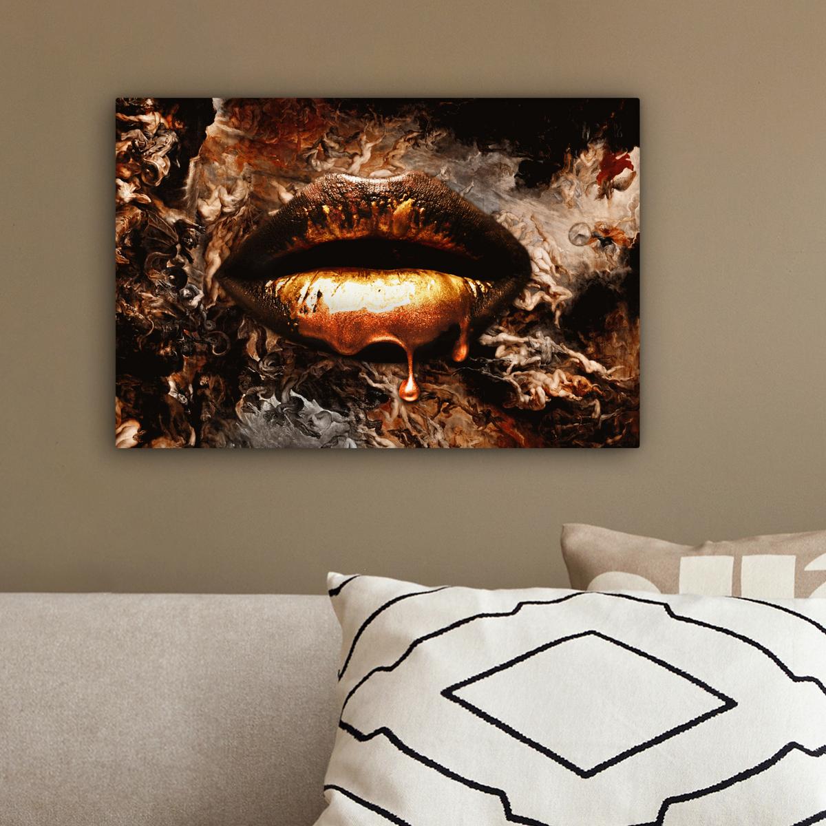 LEINWANDBILD Gold - Lippen - Kunst - Gold - Luxus - Abstrakt Deko Schlafzimmer 30x20 cm - Kupferfarben, Textil (30/20cm) - MuchoWow