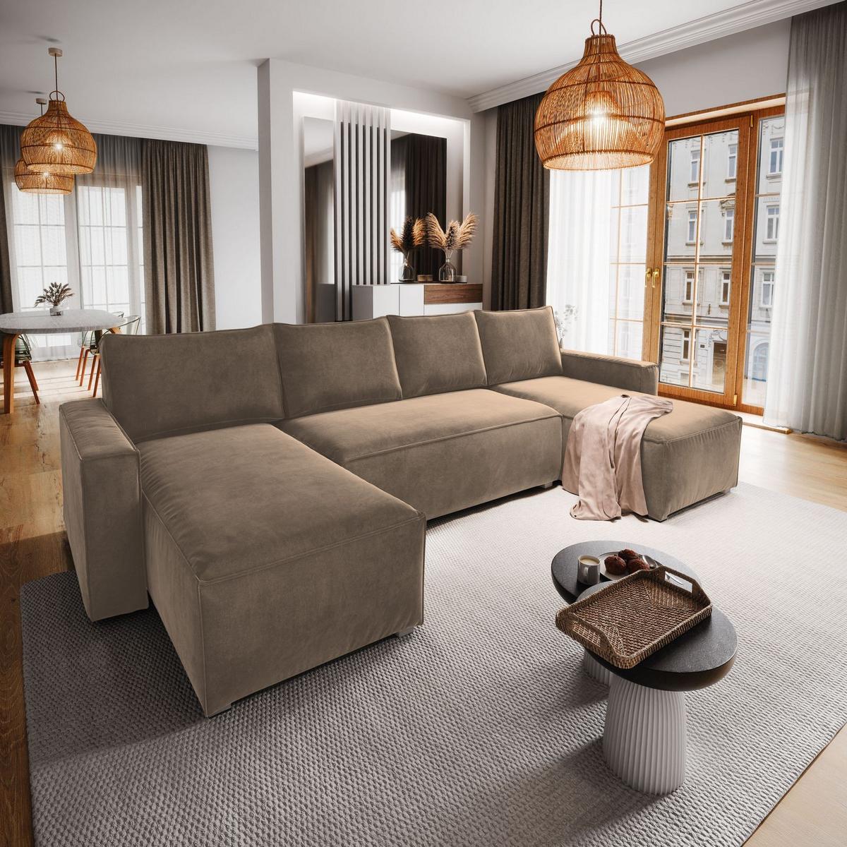 WOHNLANDSCHAFT DENI Beige Velours-Stoff mit Schlaffunktion - Beige/Grau, Holz/Kunststoff (295/85/140cm) - MASSENO