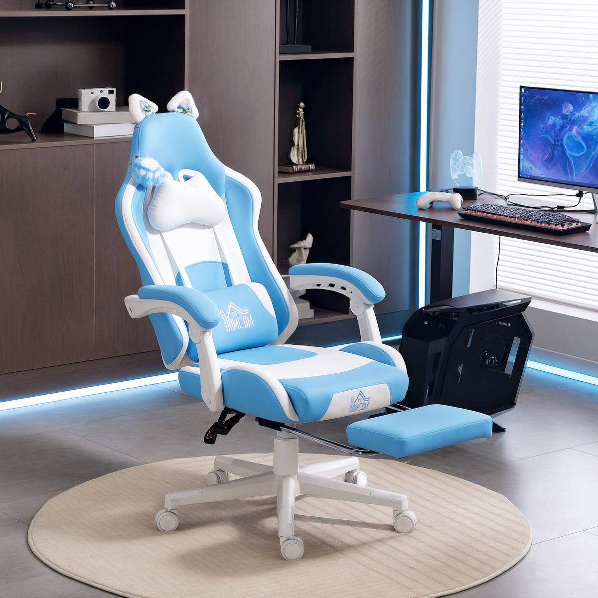 GAMING-STUHL Kunstleder Hellblau - Blau/Weiß, Kunststoff (62/124/65cm) - HOMCOM