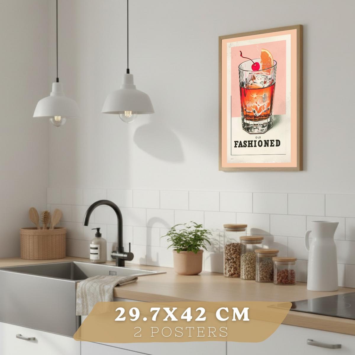 POSTER 2er Set Cocktail-Wandbilder Old Fashioned und Cosmopolitan Vintage Küche Bar Wanddeko Leichter Holzrahmen A3 - Beige, Papier (29.7/1/42cm) - Nacnic