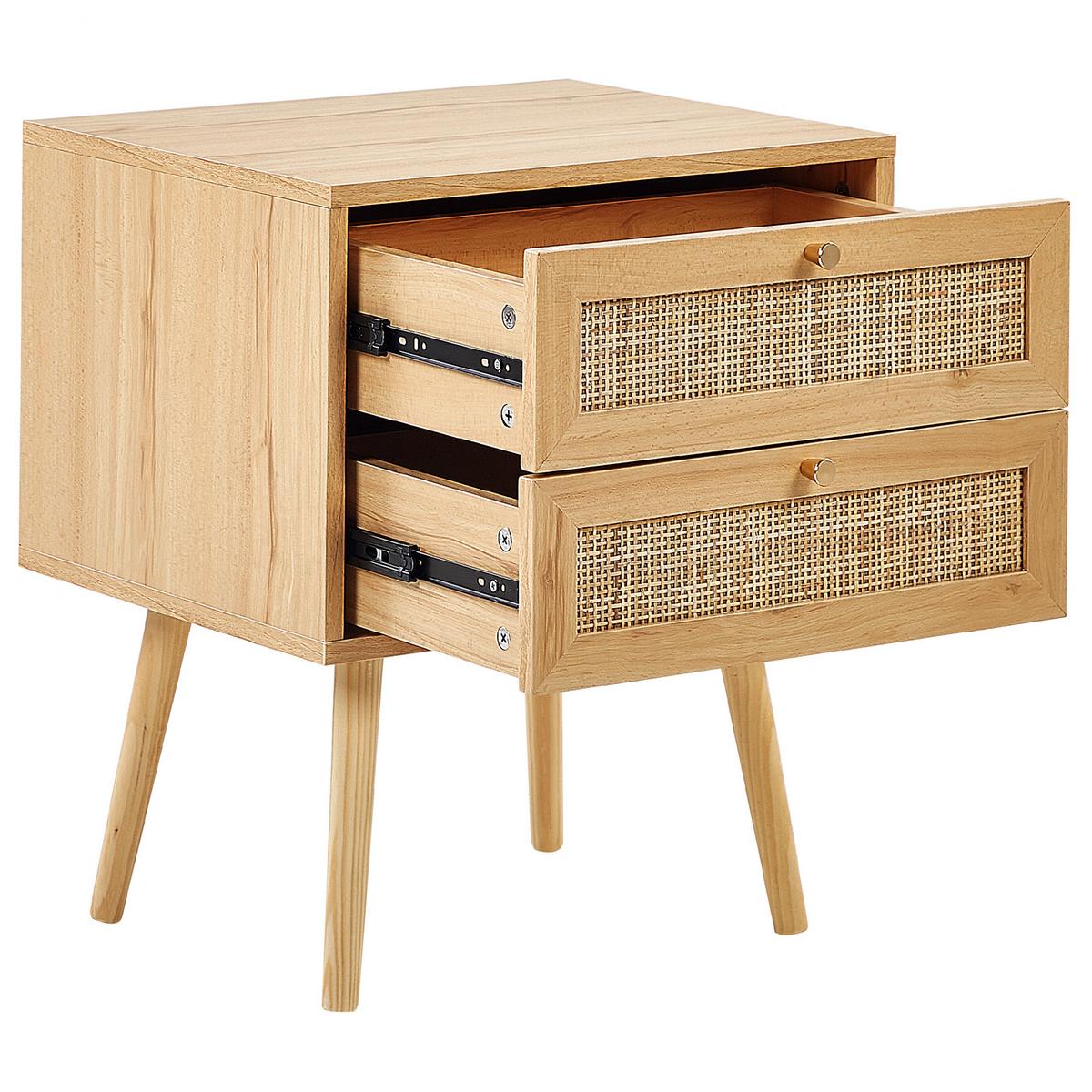 NACHTTISCH Rattan hellbraun 2 Schubladen Perote - Hellbraun/Goldfarben, Naturmaterialien (57/57/48cm) - Beliani