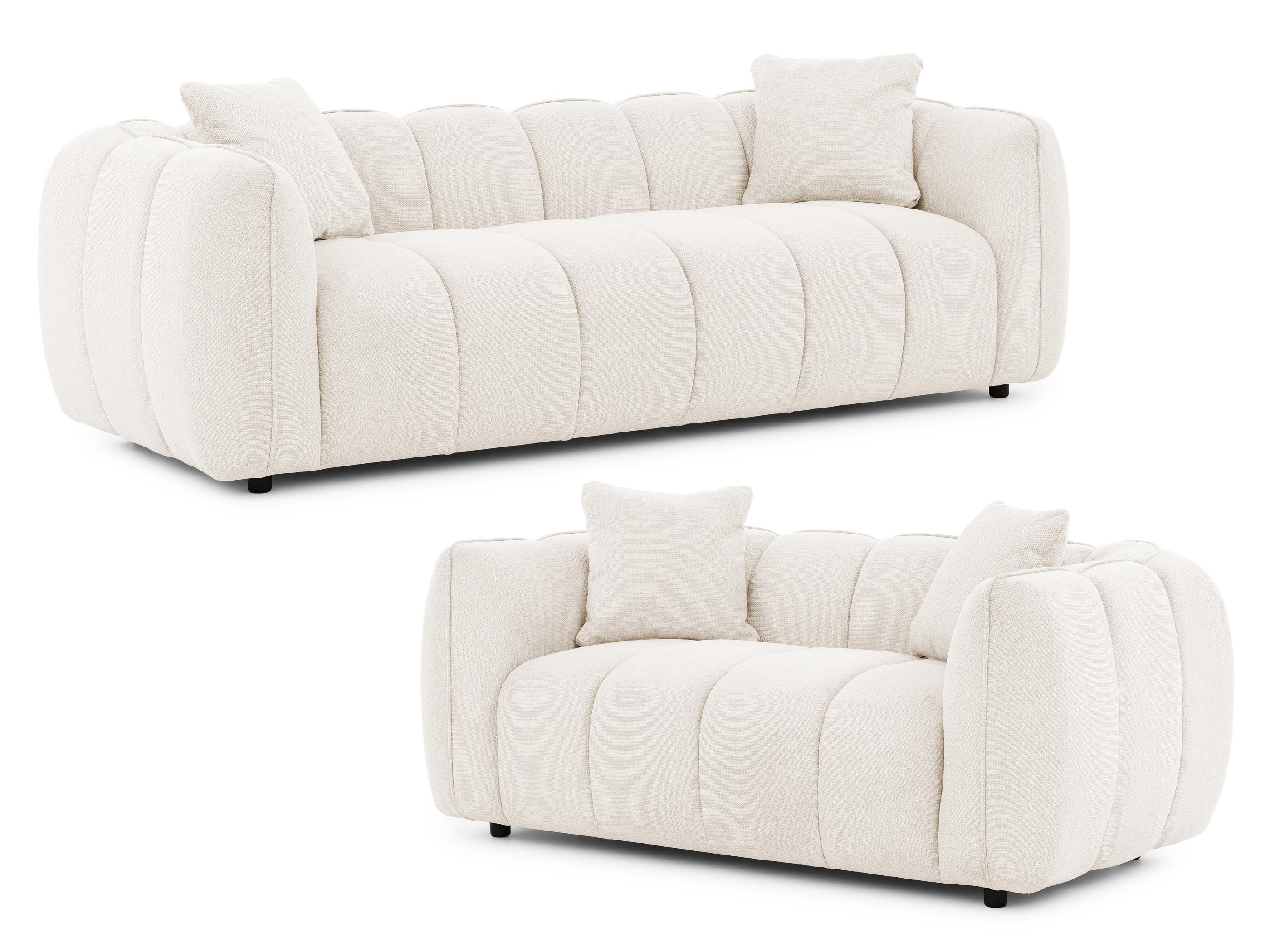 SITZGARNITUR 3+2 Nubira in tief gesteppter Bubble-Optik aus weichem Creme Strukturstoff im modernen Design - Creme/Schwarz, Holz/Kunststoff (228/69/89cm) - S-Style Möbel