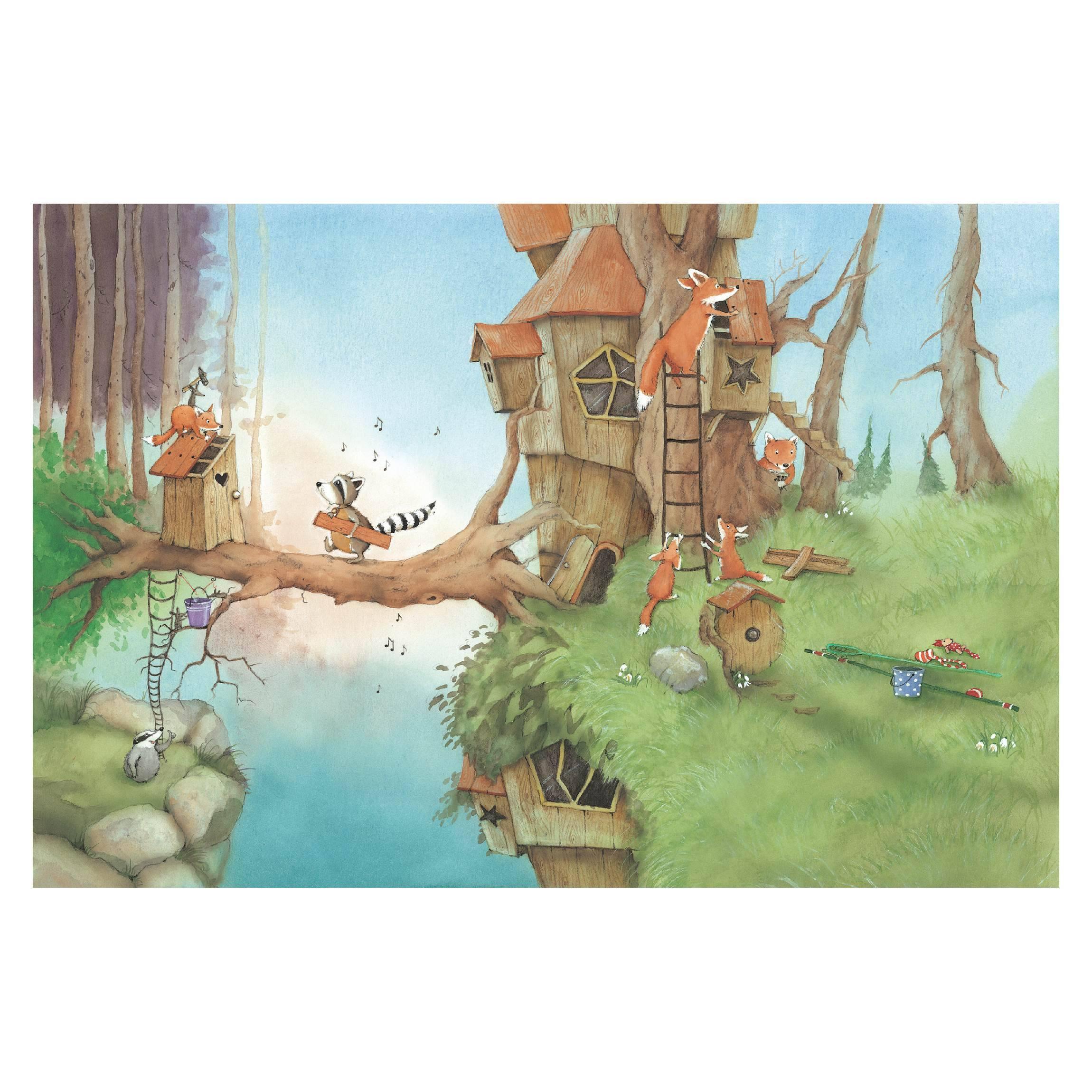 FOTOTAPETE Wassili Waschbär - Wassili und Familie Fuchs 384/255 cm - Braun, Papier (384/255cm) - Bilderwelten