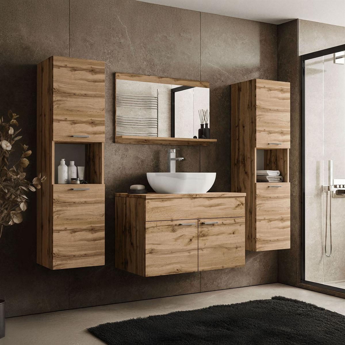 BADMÖBEL-SET LUMIRE LOFT III Wotan Eiche mit Spiegel - Braun, Holzwerkstoff (80/52/46cm) - Lookway