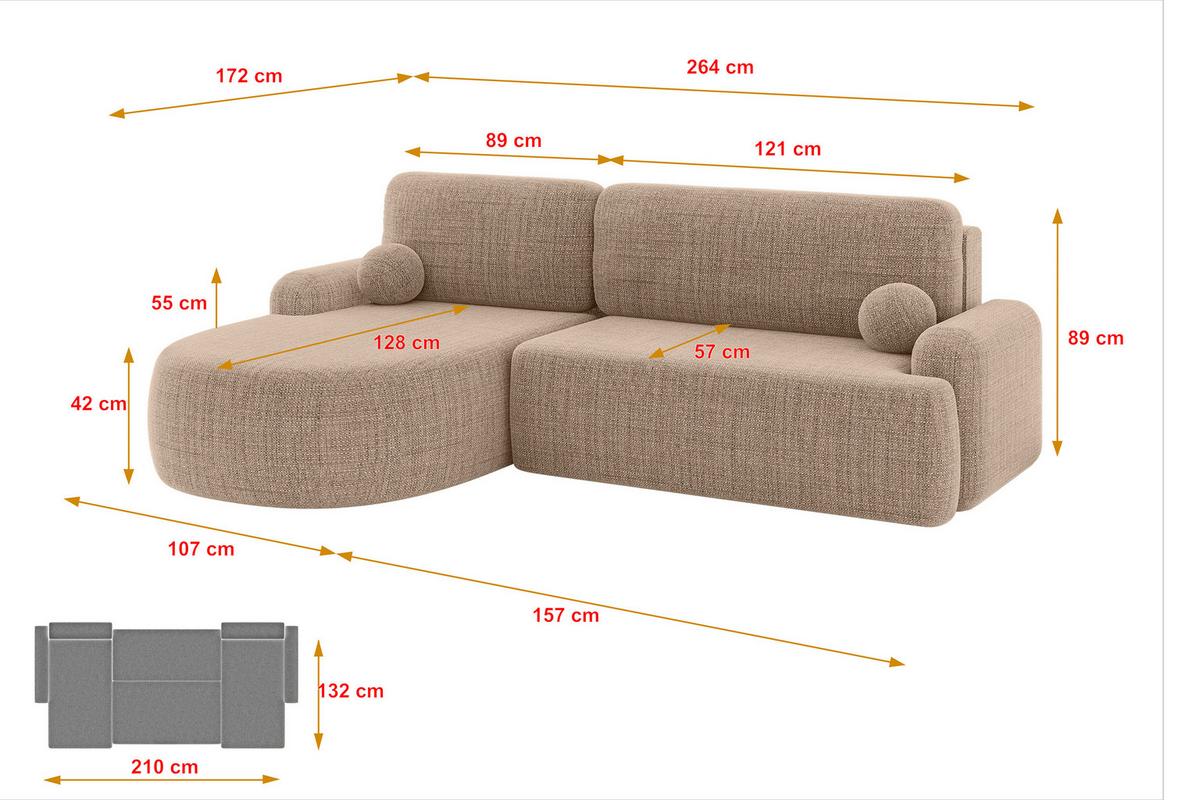 ECKSOFA mit Schlaffunktion und Bettkasten LIRA-L - 264x172x89 Dunkelbeige - Sahara, Holzwerkstoff/Textil (264/172cm) - ALTDECOR