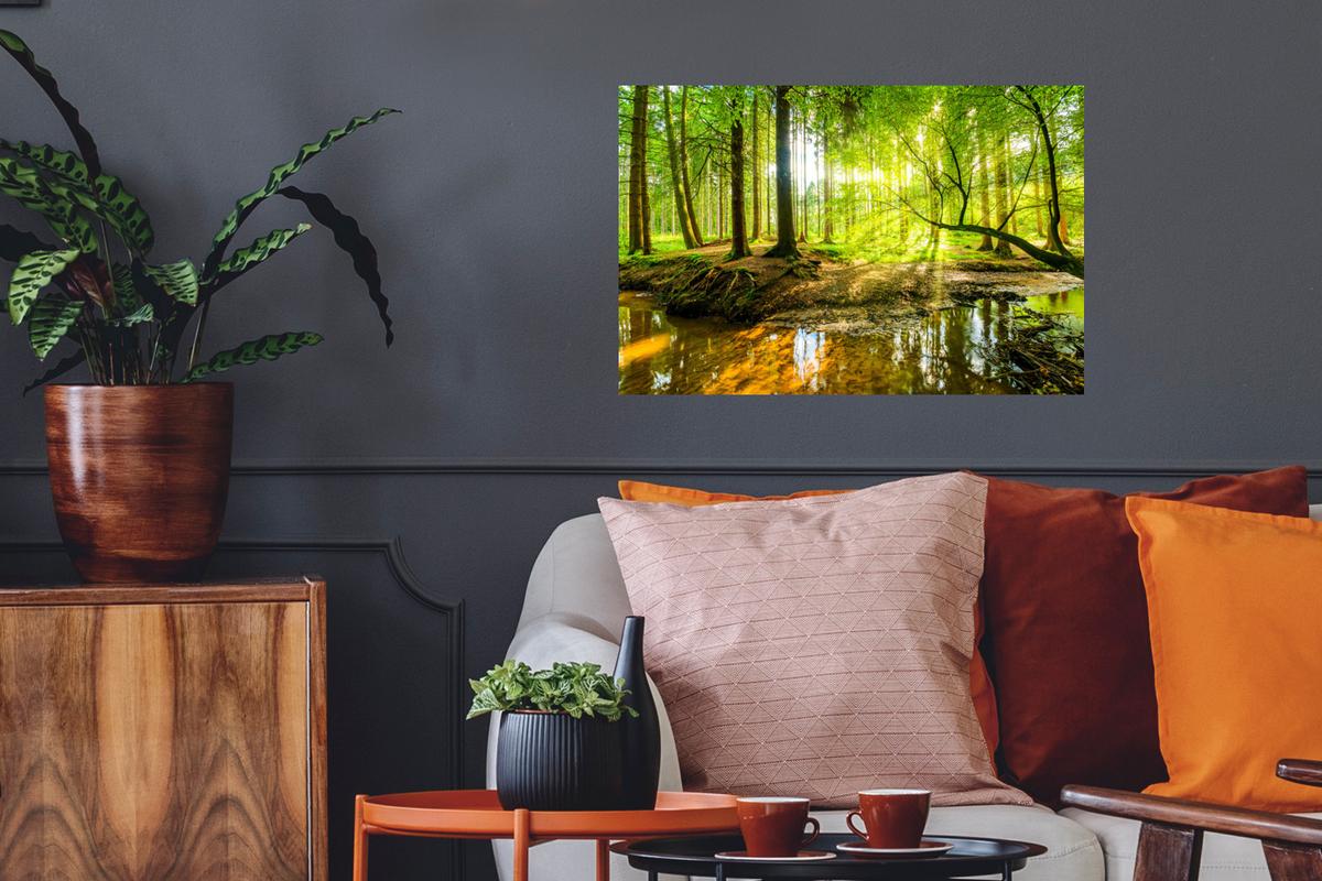 WANDTATTOO Wald - Landschaft - Wasser - Bäume - Sonne - Grün - Natur Deko Wohnzimmer 60x40 cm - Grün, Kunststoff (60/40/0.1cm) - MuchoWow