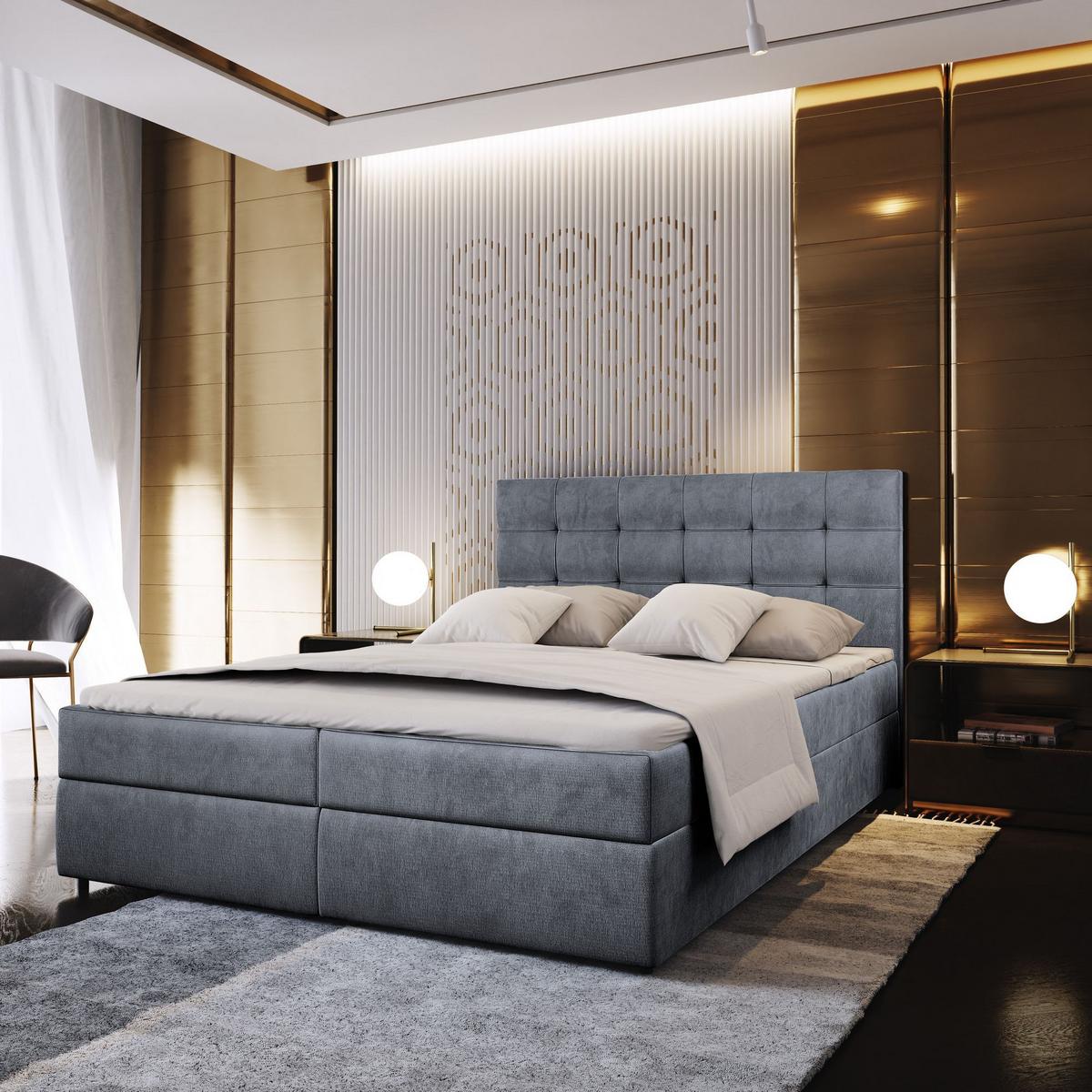 BOXBETT GLOS M 140x200 cm mit Matratze und Topper, H2+H3 - Grau - Grau, Holz (140/200cm) - MASSENO