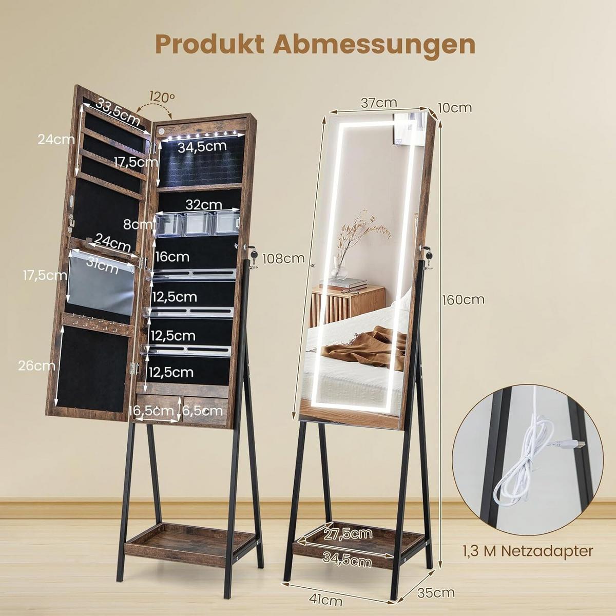 SCHMUCKSCHRANK 160cm Braun - Braun, Holz (41/160/35cm) - COSTWAY
