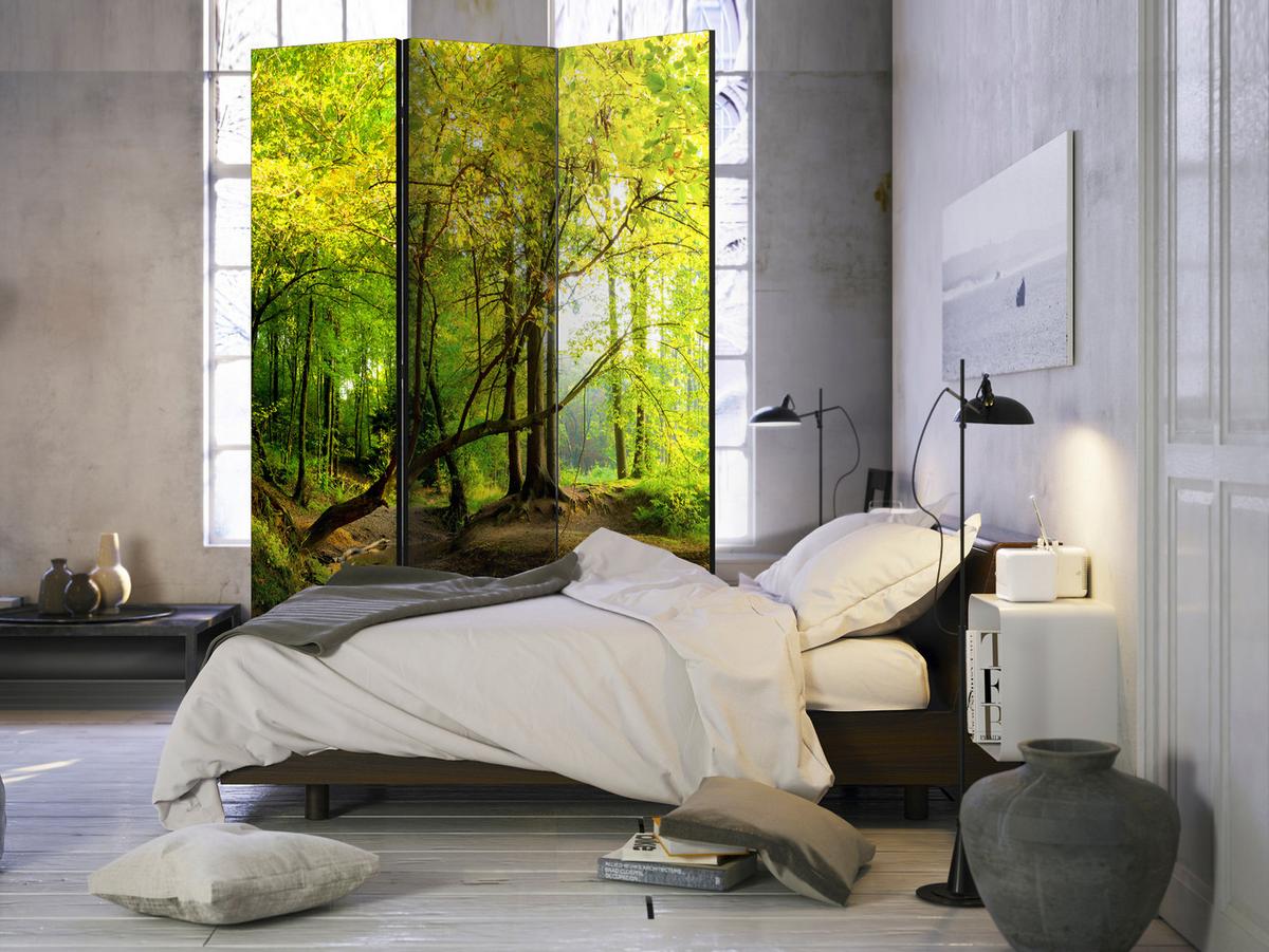 PARAVENT Einseitig Bedruckter 3-tlg 135x172 cm Fluss im Wald - Grün, Holz/Textil (135/172/3cm) - Muralo