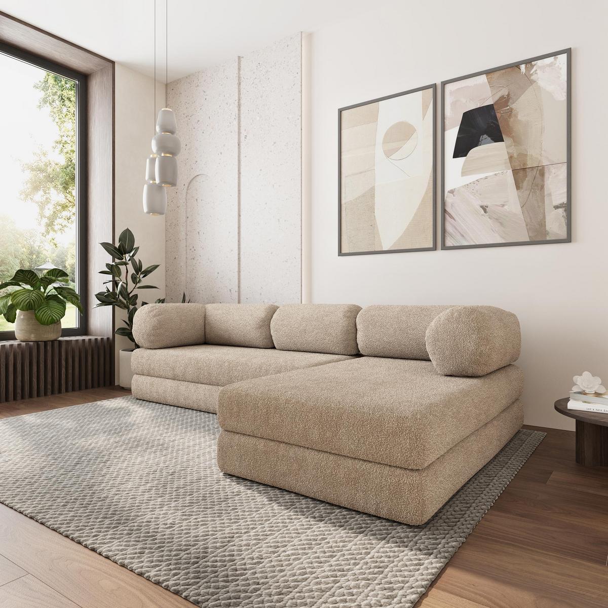 ECKSOFA KELI modulares Boneless Sofa mit Schlaffunktion Beige Boucle-Stoff - Beige, Textil (270/160cm) - MASSENO