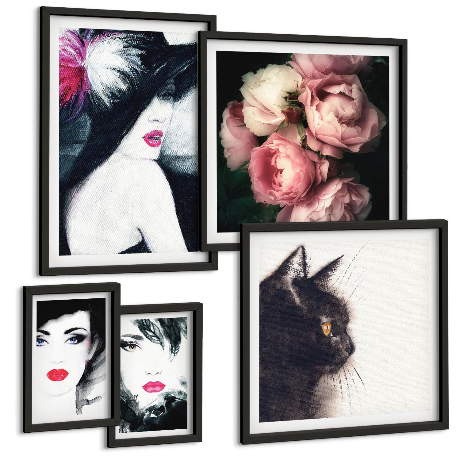 BILDER SET 5er Set - 50x50 cm & 20x30 cm & 40x60 cm Schwarzer Rahmen - Boho-Buch mit Muscheln - Schwarz, Kunststoff (40/60cm) - TULUP
