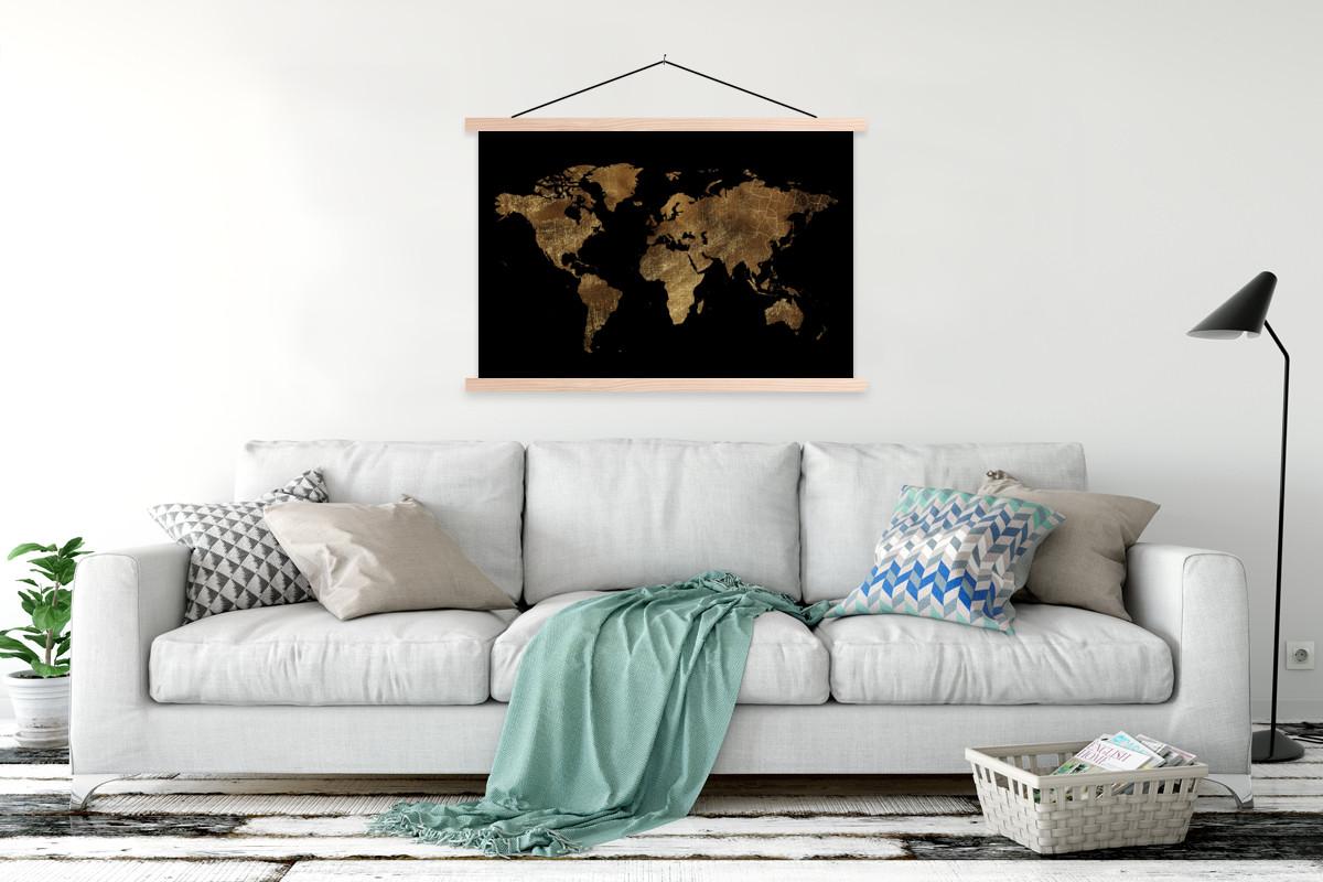 POSTER MIT MAGNETLEISTEN Weltkarte - Gold - Luxus - Erde - Schwarz Magnetleiste 120x80 cm - Goldfarben, Textil (120/80/0.15cm) - MuchoWow
