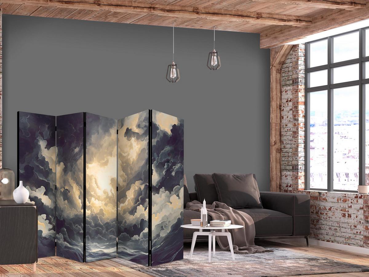 PARAVENT Einseitig Bedruckter 5-tlg 225x172 cm Wolken 3D Effekt - Grau, Holz/Textil (225/172/3cm) - Muralo