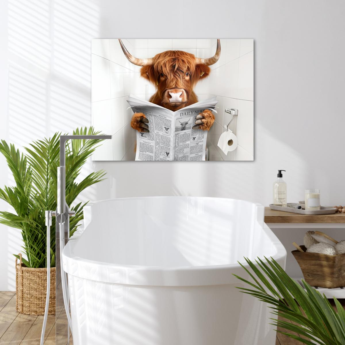 LEINWANDBILD Schottischer Highlander - Tier - Zeitung - Toilette Wandbilder 80x60 cm - Kastanienfarben, Textil (80/60cm) - MuchoWow