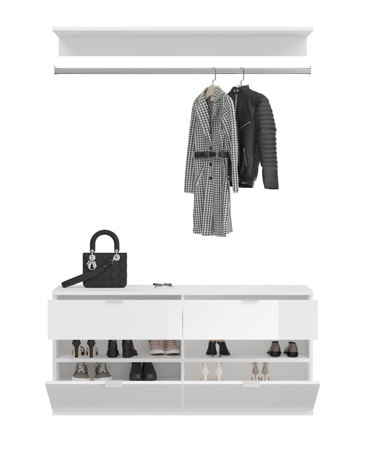GARDEROBENSCHRANK weiß Hochglanz 212 cm, 21 Fächer, Schuhschrank - Chromfarben/Weiß Hochglanz, Holzwerkstoff/Metall (212/193/34cm) - Inn.Furn