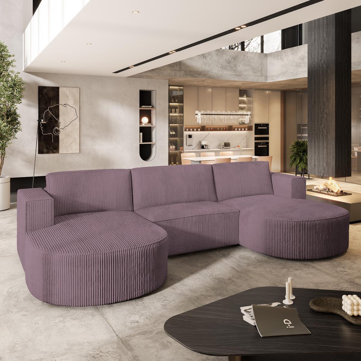 WOHNLANDSCHAFT VEZZO P Lila Kordstoff mit Schlaffunktion - Lila/Grau, Holz/Kunststoff (347/85/174cm) - MASSENO