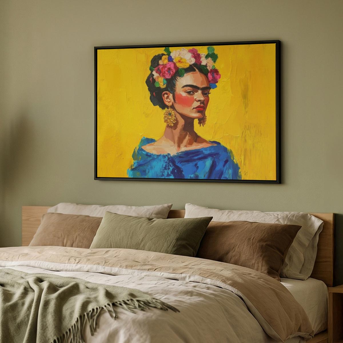 LEINWAND Bilder mit Rahmen - Frida Kahlo - Frau - Gelb - Blau - Blumen - 100x70 - Gelb, Textil (100/70cm) - MuchoWow