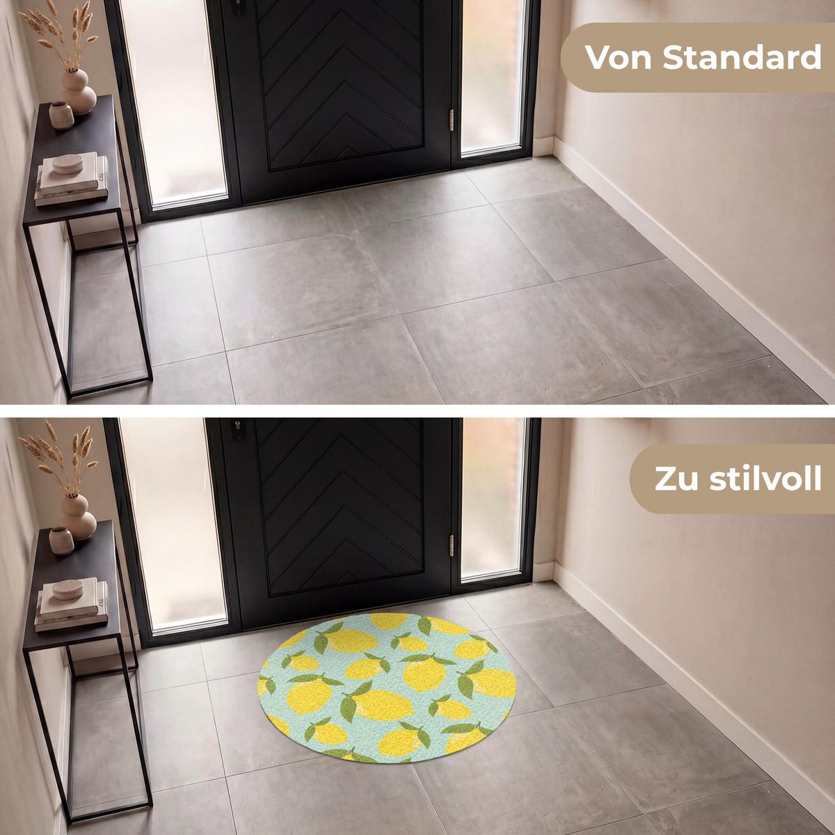 FUSSMATTE Muster Zitronen - Gelb - Blau - Muster - Früchte Flurteppich 90x90 cm - Gelb, Kunststoff (90/0.4cm) - MuchoWow