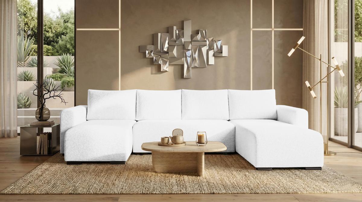 WOHNLANDSCHAFT DORA U mit Bettkasten und Schlaffunktion, U-Form, bequem - Weiß, Textil (305/85/140cm) - Storez24
