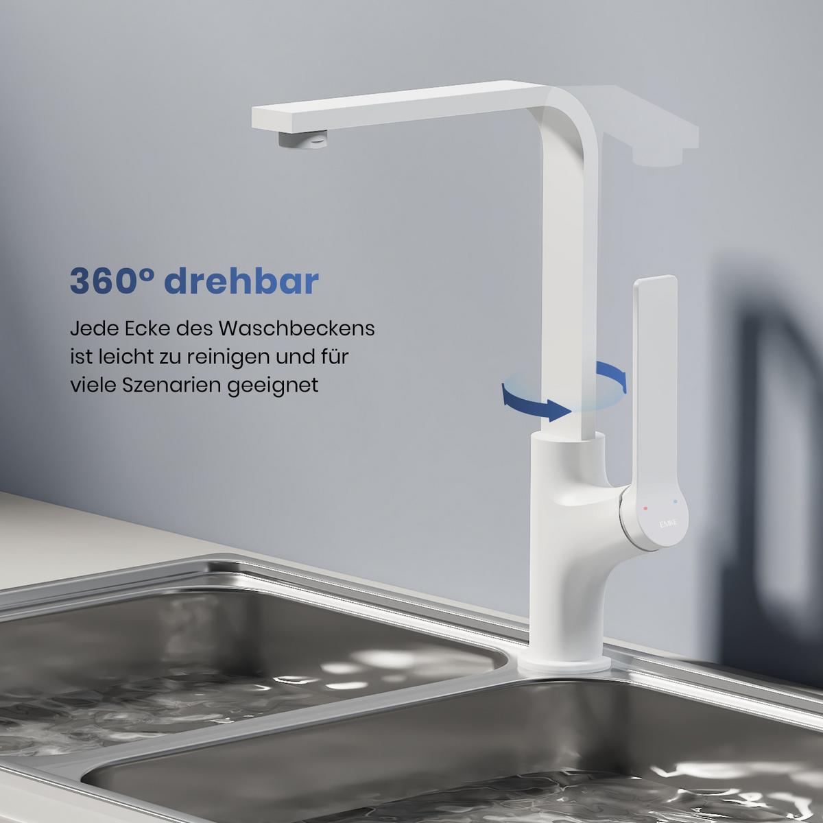 KÜCHENARMATUR mit 360° Drehbar Edelstahl Einhebelmischer Weiß Matt - Weiß, Metall (22.5/10.1/30.3cm) - EMKE