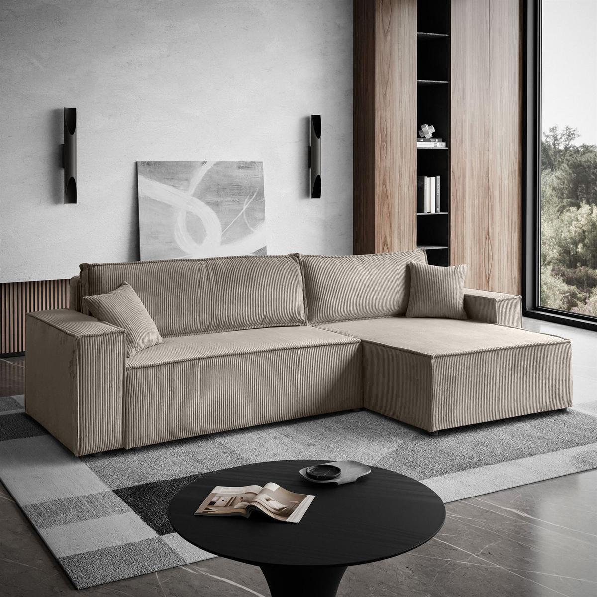 ECKSOFA Gepolstertes CARLO XL Cord mit Schlaffunktion und Bettkasten, Poso 02 - Beige, Textil (277/143cm) - Lookway