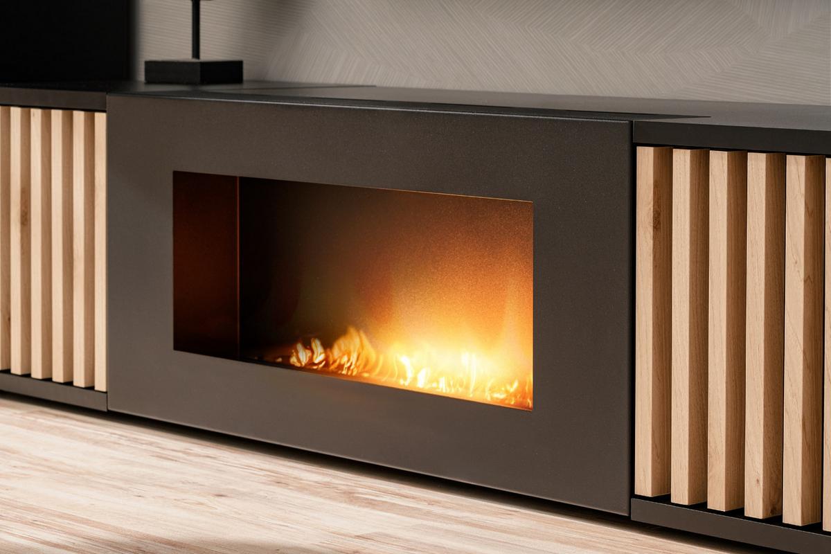 TV-LOWBOARD schwarz, Eiche Jackson 163 cm, TV Unterteil mit Bio Ethanol Kamin - Eichefarben/Schwarz, Holzwerkstoff/Kunststoff (163/42/45cm) - Furn.Design