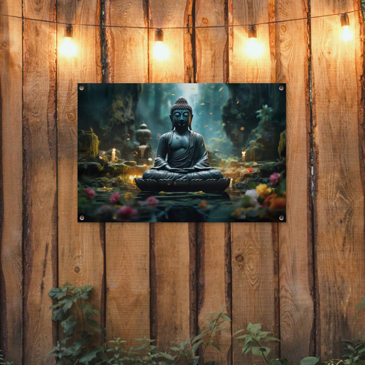 GARTENPOSTER Buddha - Statue - Buddha - Zen - Kunst - Buddha Gartendeko 90x60 cm - Dunkelgrau, Kunststoff (90/60/0.2cm) - OnlyWow