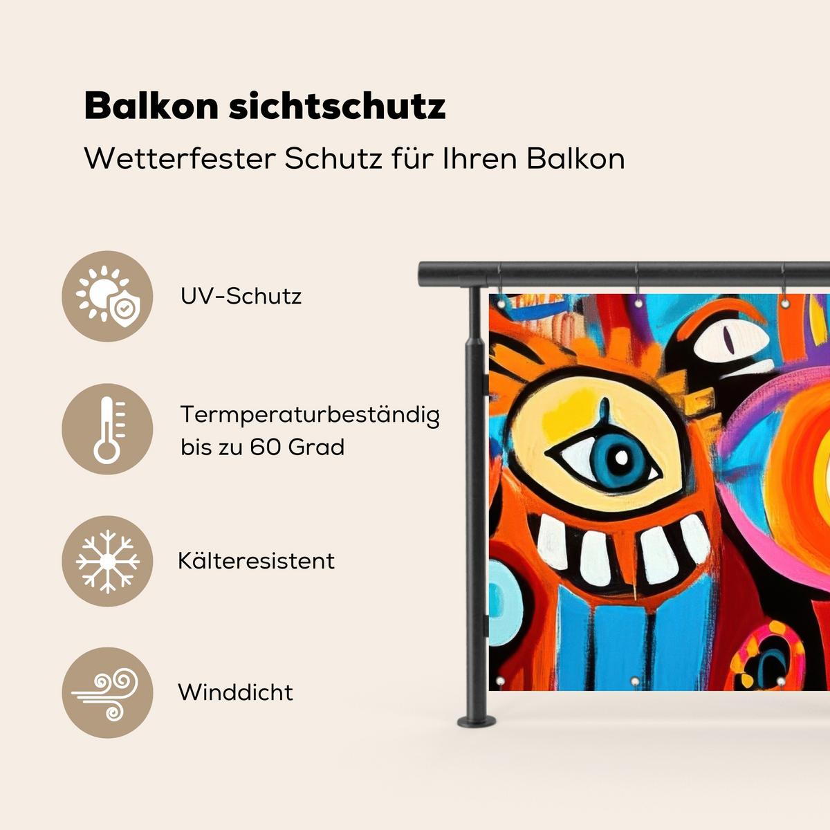 BALKON-SICHTSCHUTZ Abstrakt - Gesicht - Farbenfroh Witterungsbeständig 200x110 cm - Multicolor, Kunststoff (200/110cm) - MuchoWow