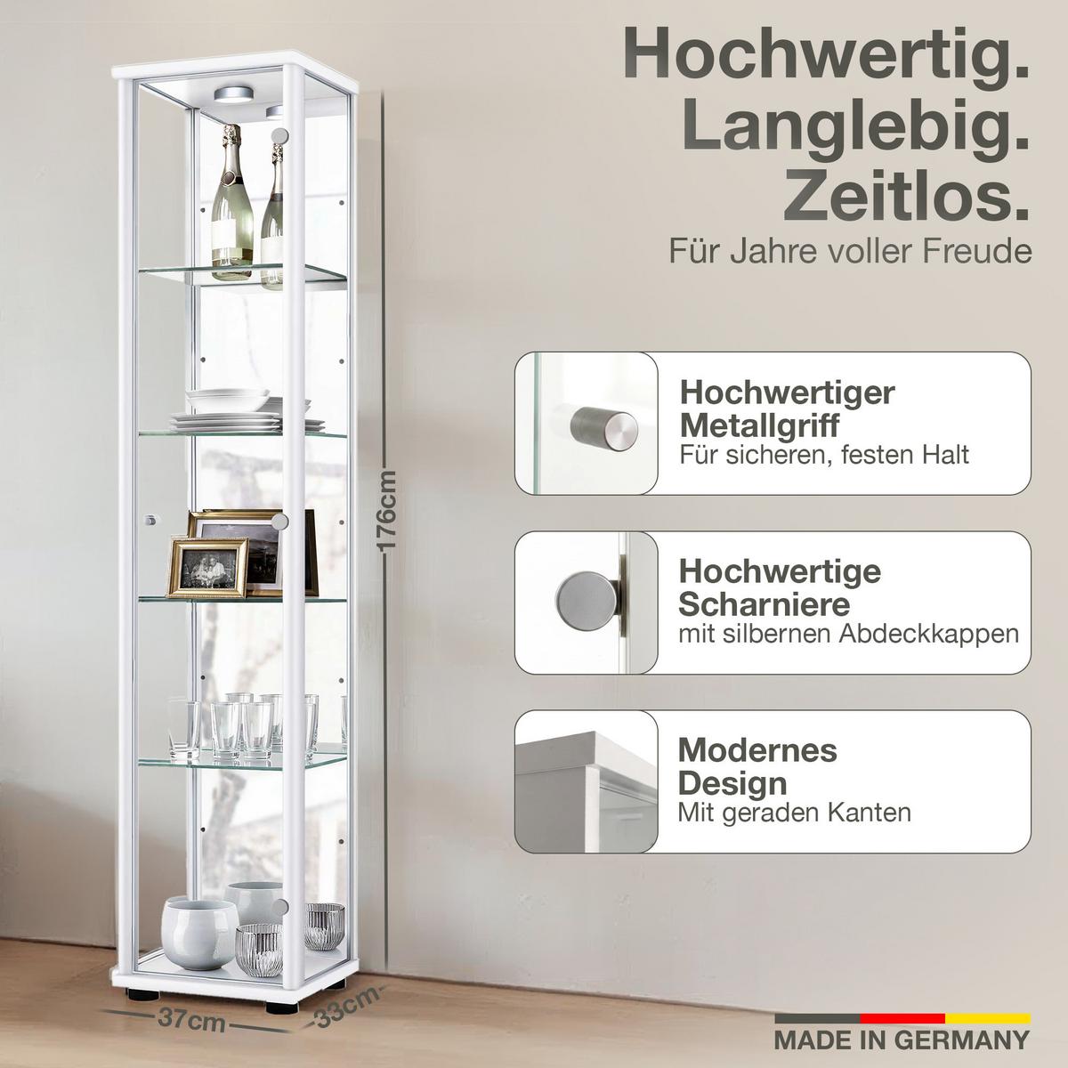 GLASVITRINE 33/37/176 cm mit Spiegel, LED & 4 höhenverstellbaren Glasböden - Transparent/Silberfarben, Glas/Holzwerkstoff (37/176/33cm) - K-Möbel