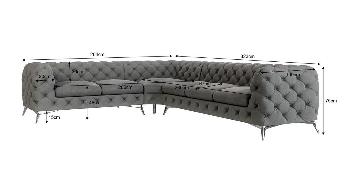 ECKSOFA Chesterfield Laura Grau Samt - Silberfarben/Grau, Holz/Textil (323/264cm) - S-Style Möbel
