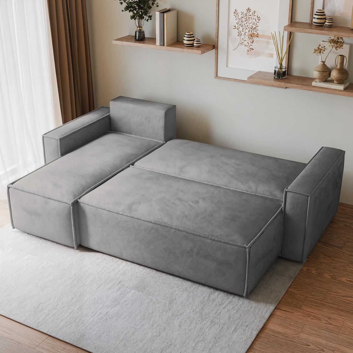 ECKSOFA RAVELO M Hellgrau Velours-Stoff mit Schlaffunktion - Hellgrau/Grau, Holz/Kunststoff (240/140cm) - MASSENO