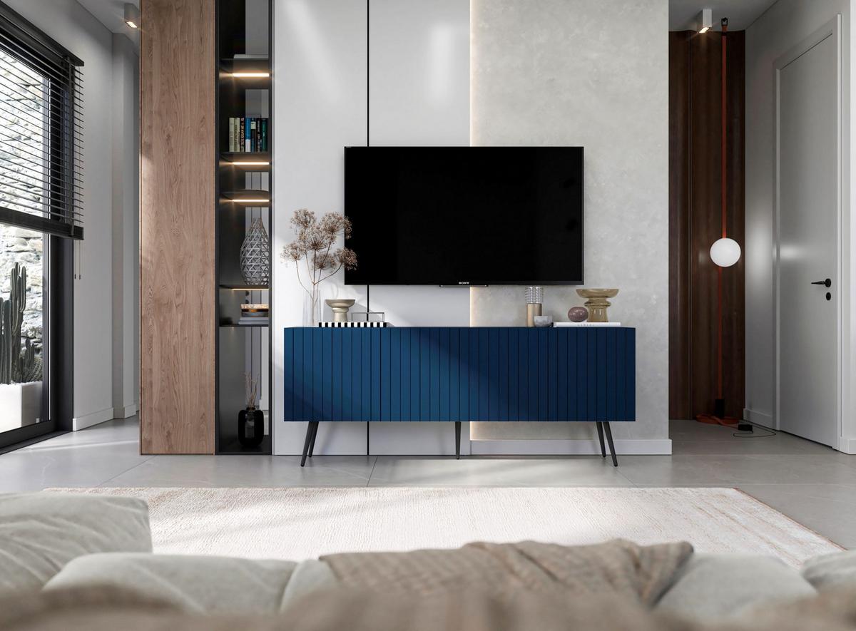 TV-SCHRANK Elpis Marineblau Matt mit Metallbeine Glamour 150 cm - Blau/Schwarz, Holzwerkstoff/Metall (150/60.5/36.5cm) - Meble Lindner
