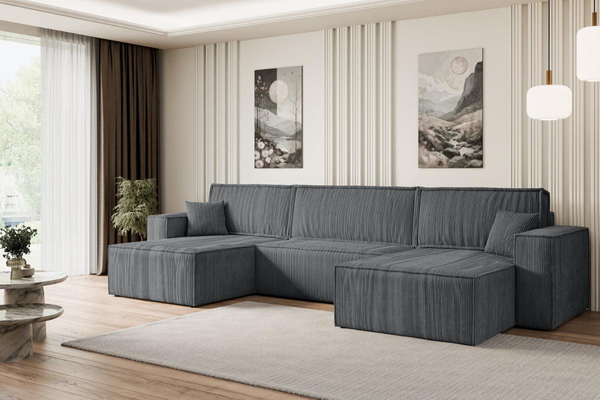 WOHNLANDSCHAFT mit Schlaffunktion und Bettkasten CELTIC-XLU - 377x143x83 cm Dunkelgrau Cord - Dunkelgrau/Schwarz, Holzwerkstoff/Kunststoff (377/83/143cm) - ALTDECOR