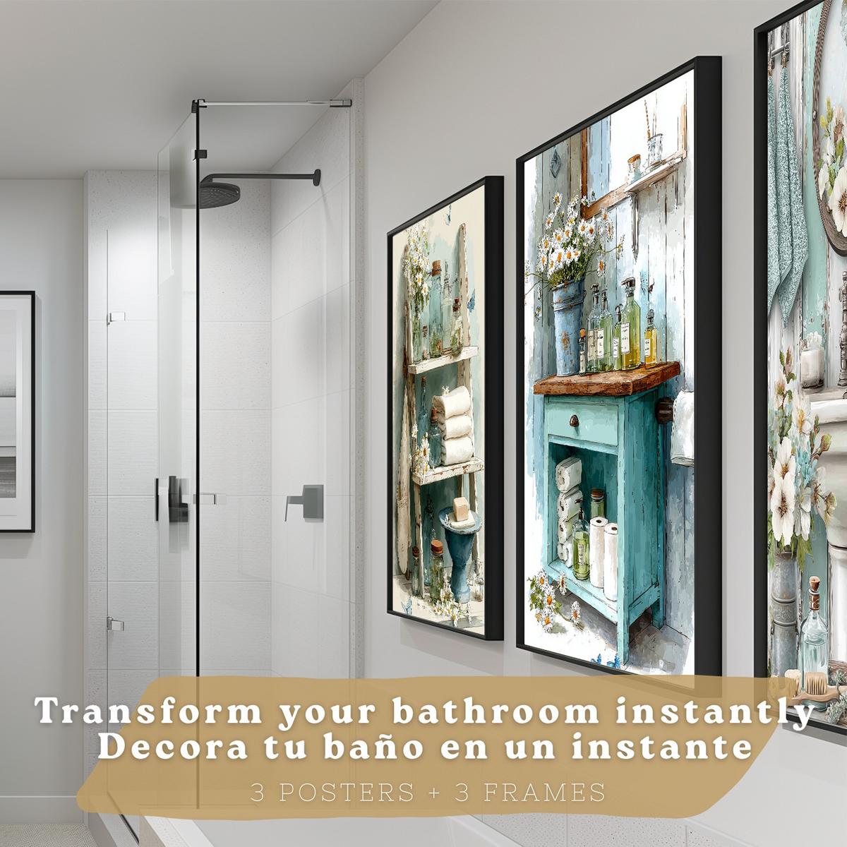 POSTER Set 3 dekorative Badezimmer-Poster im Cottage-Stil für Wand, Waschbecken, Dusche, florale Dekoration mit Badezimmermöbeln Schwarzer Rahmen A3 - Schwarz, Papier (42/29.7/3cm) - Nacnic