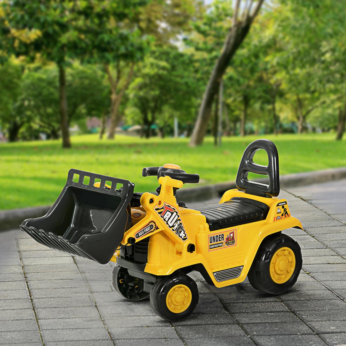 SITZBAGGER mit eingebautem Ablagefach Kinder Rutschauto traktor mit Hupe - Gelb, Kunststoff (26.5/39/80cm) - HOMCOM