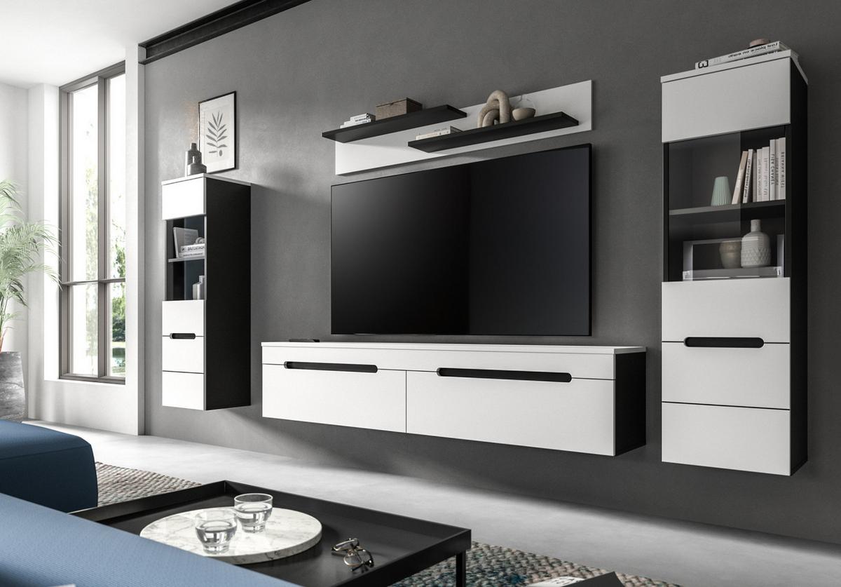 WOHNWAND weiß, grau, Wohnkombination 4-teilig hängend / stehend 272 cm, Cooper - Schwarz/Weiß, Glas/Holzwerkstoff (272/141/33cm) - Inn.Furn