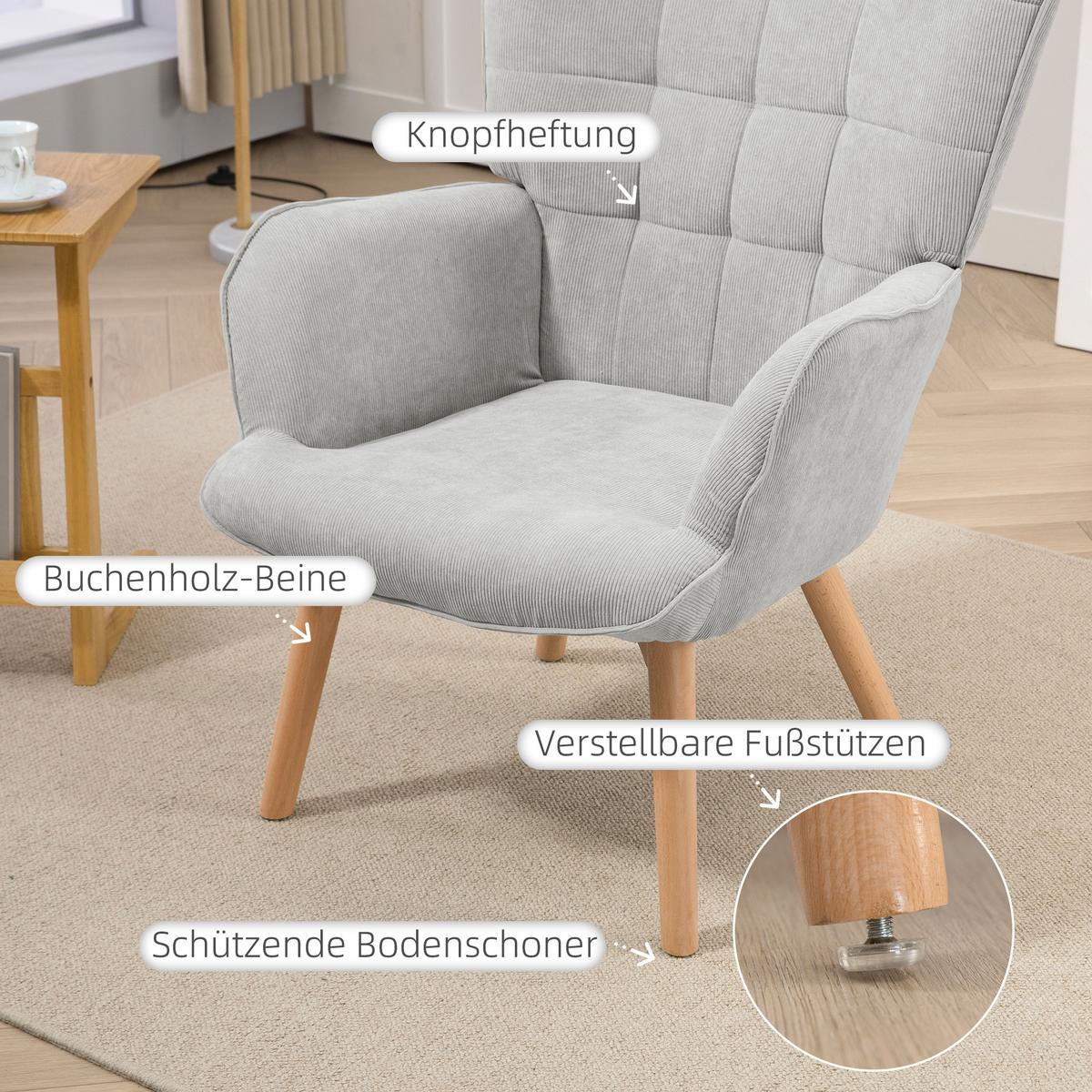 OHRENSESSEL mit Hocker, Relaxsessel, Polstersessel in Cord-Optik, mit Holzbeine - Naturfarben/Grau, Holz/Buchenholz (72/101/80cm) - HOMCOM