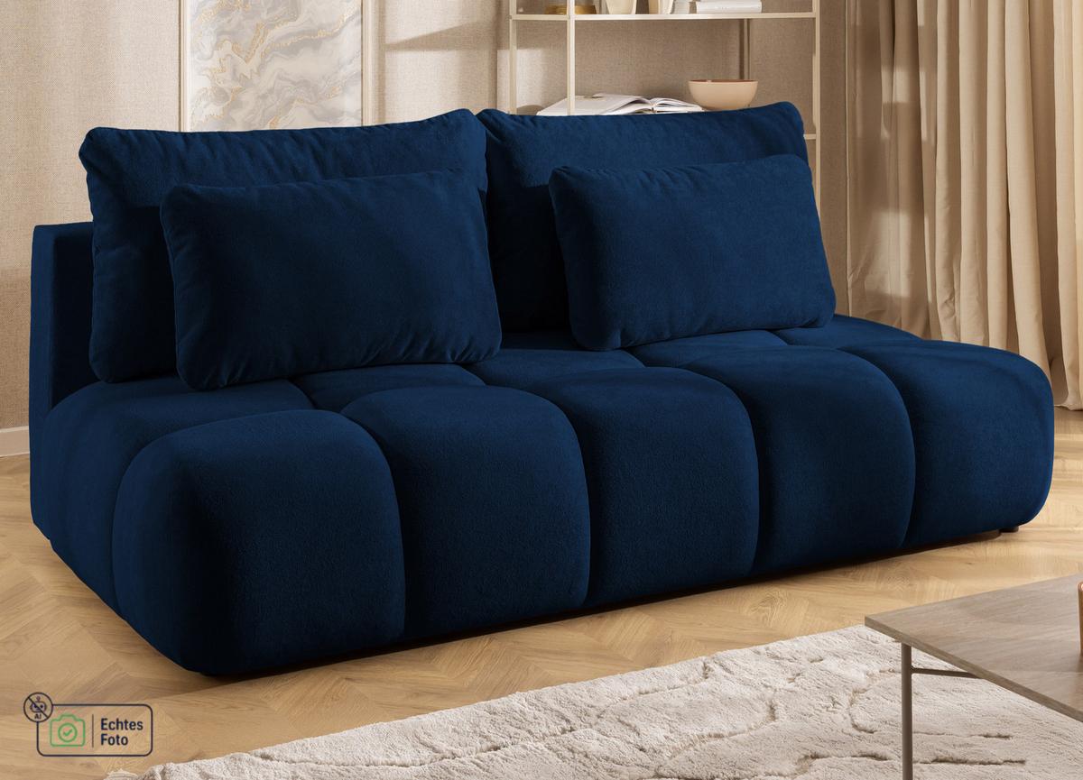 SCHLAFSOFA Belluno aus hochwertigem Marineblau Plüschstoff mit Bettkasten und tiefen Steppungen in Bubble-Optik - Blau/Schwarz, Holz/Kunststoff (205/87/105cm) - S-Style