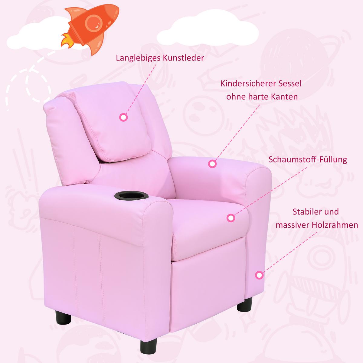 KINDERSESSEL Minisessel Kindersofa für 3-6 Jahre alt Liegefunktion Rosa - Rosa, Kunststoff (56/69/62cm) - HOMCOM