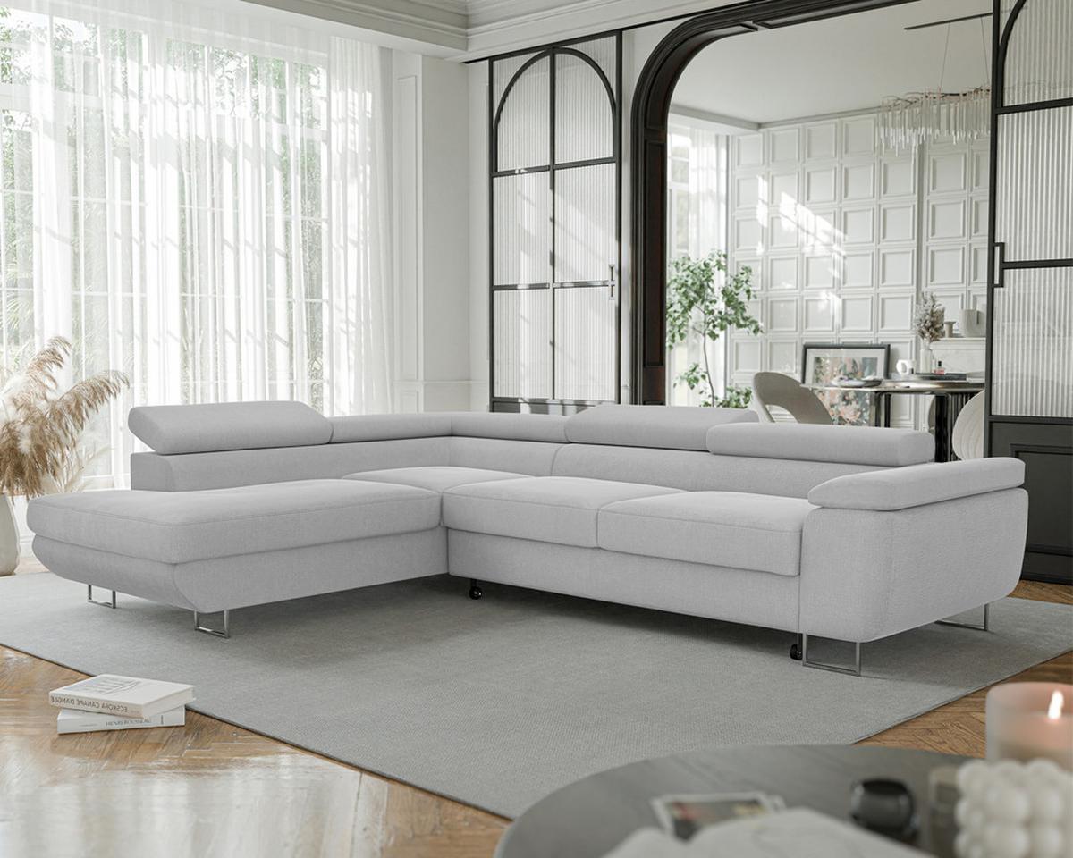 ECKSOFA ANTON links, mit Schlaffunktion und Bettkasten Hellgrau - Chromfarben/Hellgrau, Textil/Metall (274/203cm) - Idohome