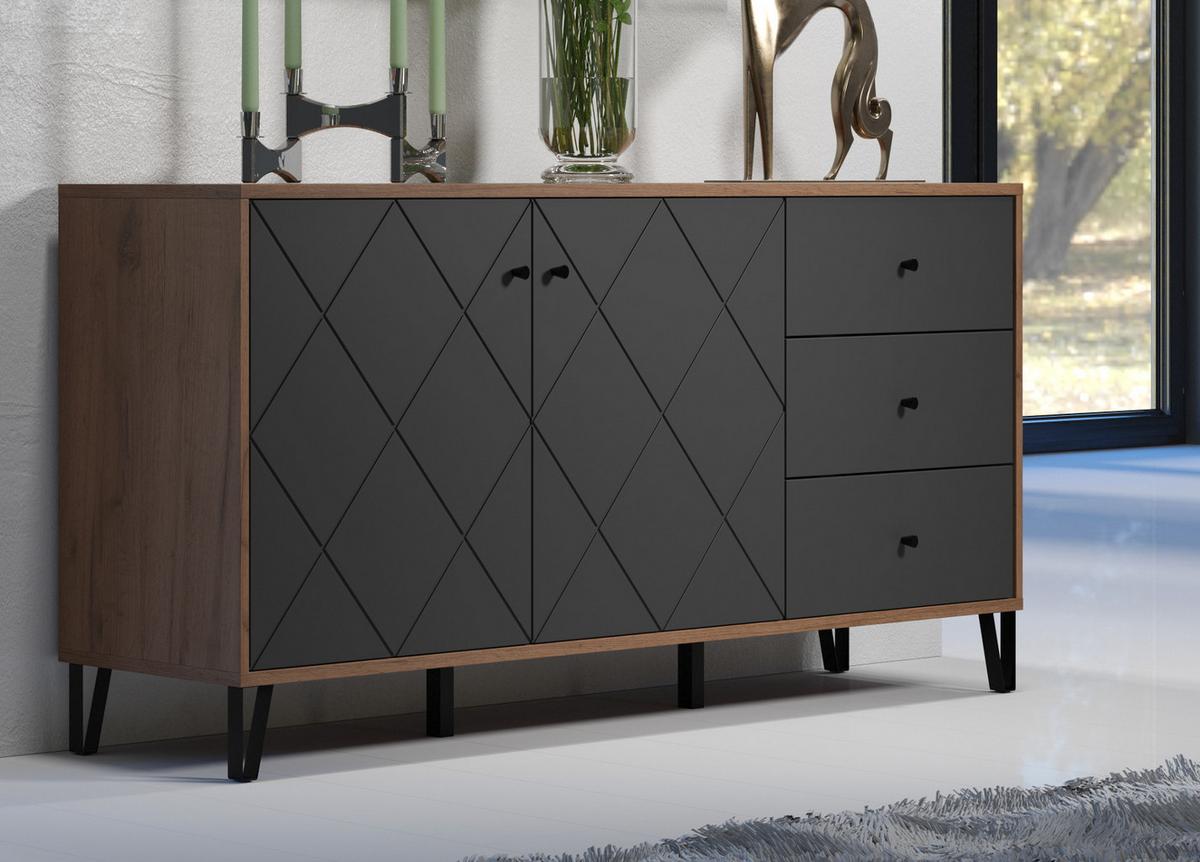 SIDEBOARD Graphite grau, Eiche Kraft Gold 183 x 76 cm, Kommode mit Soft-Close - Eichefarben/Schwarz, Holzwerkstoff/Kunststoff (183/76/40cm) - Top.Furn